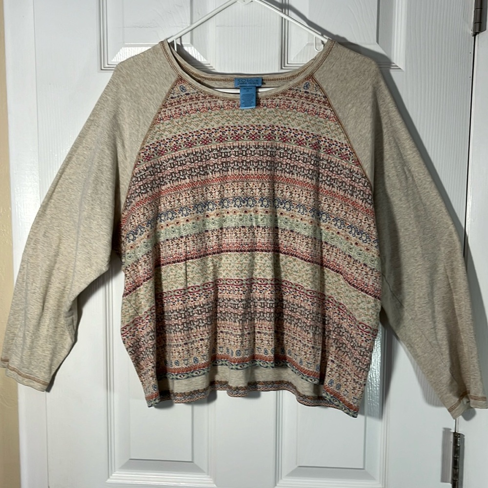 SO blue sigrid olsen VTG Y2K raglan slv cotton crop top boho geo multi color 2X